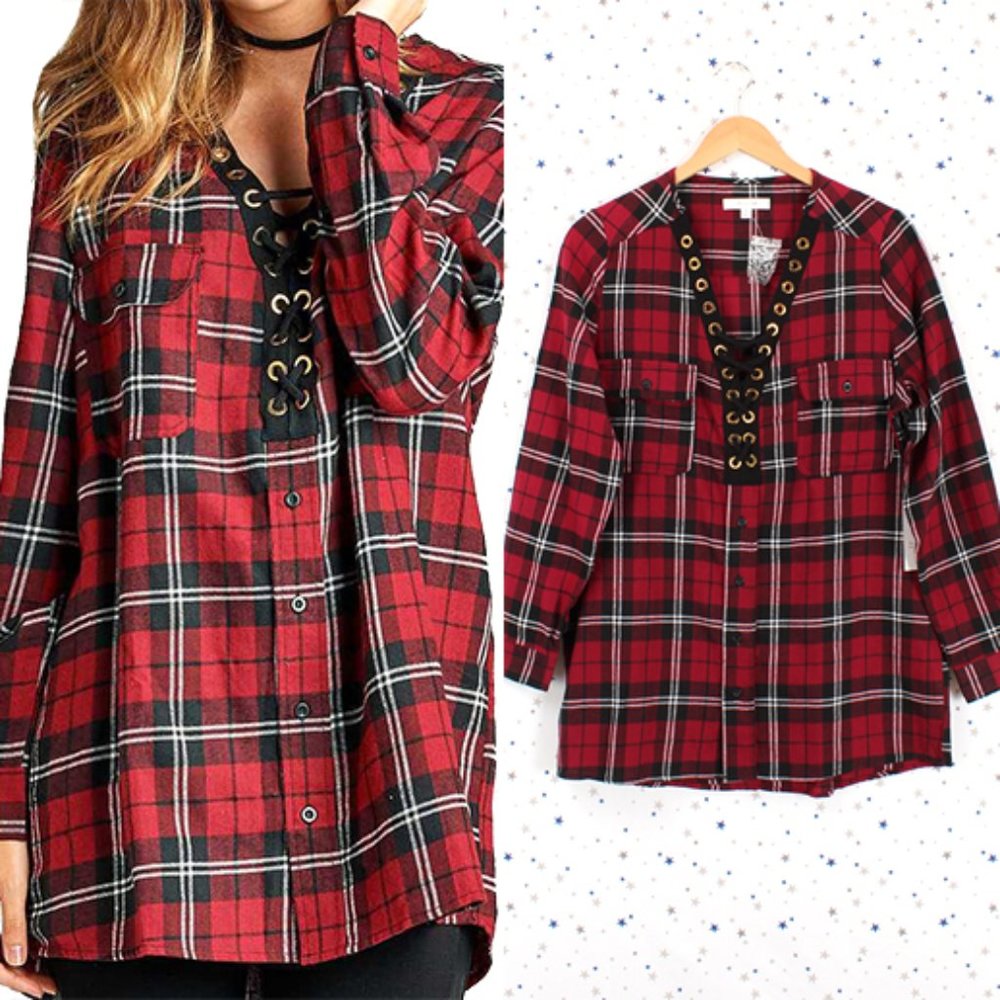 Burgundy Black Lace Up Front Plaid Top